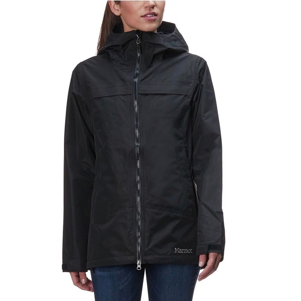 Marmot Rain Jacket Women Medium Black K45450 Hooded Full Zip Lightweight Shell